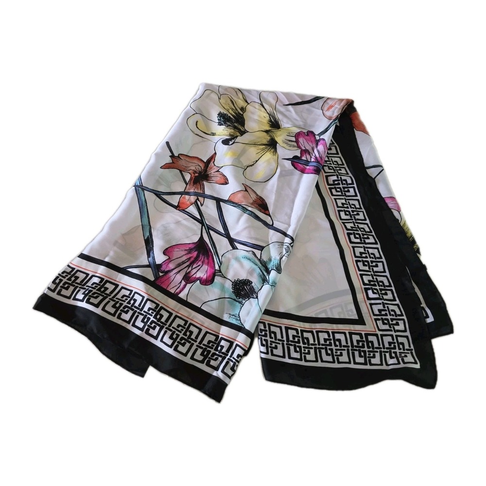 Chicos Floral Square Scarf Greek‎ Key Border 42"